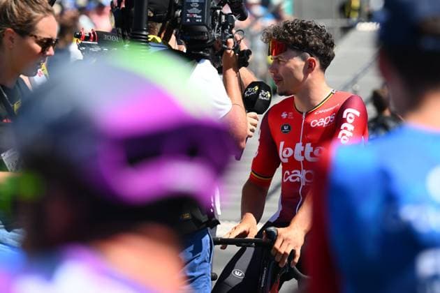 Tour de France 2025 Stage 8 LAVAL ESPACE MAYENNE, FRANCE - JULY 12 : De Lie Arnaud (BEL) of Lotto Cycling Team during an interview before the race during stage 8 of the 112th edition of Tour de France an UCI World Tour 2.UWT cycling road race stage for Men Elite of 174 km with start in Saint-Meen-le-Grand and finish in Laval Espace Mayenne on July 12, 2025 in Laval Espace Mayenne, France, 12 07 2025 ( Motordriver Kenny Verfaillie - Laval Espace Mayenne France  Copyright: xVincentxKalutx