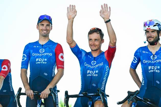 Tour de France 2025 Stage 8 LAVAL ESPACE MAYENNE, FRANCE - JULY 12 : Madouas Valentin (FRA) of Groupama - FDJ on stage before the start of the race during stage 8 of the 112th edition of Tour de France an UCI World Tour 2.UWT cycling road race stage for Men Elite of 174 km with start in Saint-Meen-le-Grand and finish in Laval Espace Mayenne on July 12, 2025 in Laval Espace Mayenne, France, 12 07 2025 ( Motordriver Kenny Verfaillie - Laval Espace Mayenne France  Copyright: xJanxDexMeuleneirx