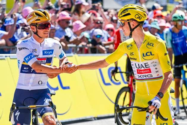 Tour de France 2025 Stage 8 LAVAL ESPACE MAYENNE, FRANCE - JULY 12 : Evenepoel Remco (BEL) of Soudal - Quick Step, Pogacar Tadej (SLO) of UAE Team Emirates - XRG at the start line during stage 8 of the 112th edition of Tour de France an UCI World Tour 2.UWT cycling road race stage for Men Elite of 174 km with start in Saint-Meen-le-Grand and finish in Laval Espace Mayenne on July 12, 2025 in Laval Espace Mayenne, France, 12 07 2025 ( Motordriver Kenny Verfaillie - Laval Espace Mayenne France  Copyright: xJanxDexMeuleneirx