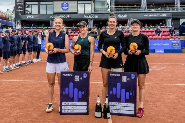 250712 Irene Burillo of Spain and Berfu Cengiz of Turkey and Jesika Maleckova of Czech Republic and Miriam Skoch of Czech Republic after the double final of Nordea Open on July 12, 2025 in Bastad Photo Mathilda Schuler BILDBYRAN kod MA MA0844 tennis wta 125 nordea open dubbelfinal dam bbeng  Copyright: MATHILDAxSCHULER BB250712MA048