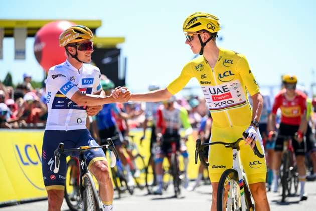 Tour de France 2025 Stage 8 LAVAL ESPACE MAYENNE, FRANCE - JULY 12 : Evenepoel Remco (BEL) of Soudal - Quick Step, Pogacar Tadej (SLO) of UAE Team Emirates - XRG at the start line during stage 8 of the 112th edition of Tour de France an UCI World Tour 2.UWT cycling road race stage for Men Elite of 174 km with start in Saint-Meen-le-Grand and finish in Laval Espace Mayenne on July 12, 2025 in Laval Espace Mayenne, France, 12 07 2025 ( Motordriver Kenny Verfaillie - Laval Espace Mayenne France  Copyright: xVincentxKalutx