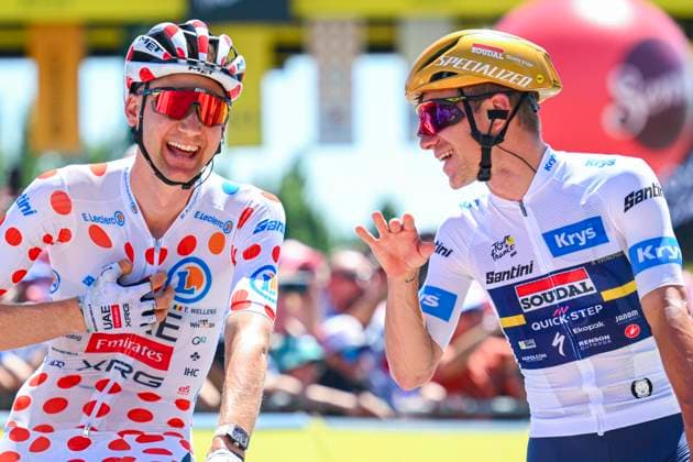 Tour de France 2025 Stage 8 LAVAL ESPACE MAYENNE, FRANCE - JULY 12 : Wellens Tim (BEL) of UAE Team Emirates - XRG and Evenepoel Remco (BEL) of Soudal - Quick Step at the start line during stage 8 of the 112th edition of Tour de France an UCI World Tour 2.UWT cycling road race stage for Men Elite of 174 km with start in Saint-Meen-le-Grand and finish in Laval Espace Mayenne on July 12, 2025 in Laval Espace Mayenne, France, 12 07 2025 ( Motordriver Kenny Verfaillie - Laval Espace Mayenne France  Copyright: xVincentxKalutx