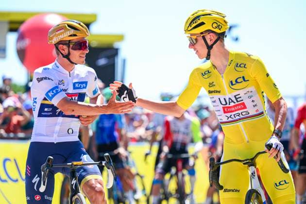 Tour de France 2025 Stage 8 LAVAL ESPACE MAYENNE, FRANCE - JULY 12 : Pogacar Tadej (SLO) of UAE Team Emirates - XRG, Evenepoel Remco (BEL) of Soudal - Quick Step at the start line during stage 8 of the 112th edition of Tour de France an UCI World Tour 2.UWT cycling road race stage for Men Elite of 174 km with start in Saint-Meen-le-Grand and finish in Laval Espace Mayenne on July 12, 2025 in Laval Espace Mayenne, France, 12 07 2025 ( Motordriver Kenny Verfaillie - Laval Espace Mayenne France  Copyright: xVincentxKalutx
