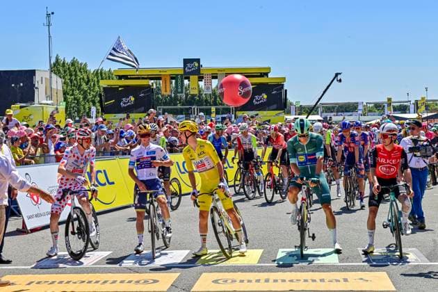 Tour de France 2025 Stage 8 LAVAL ESPACE MAYENNE, FRANCE - JULY 12 : Wellens Tim (BEL) of UAE Team Emirates - XRG, Pogacar Tadej (SLO) of UAE Team Emirates - XRG, Evenepoel Remco (BEL) of Soudal - Quick Step, Milan Jonathan (BEL) of Lidl - Trek, Costiou Ewen (FRA) of Arkea - B&B Hotels at the start line during stage 8 of the 112th edition of Tour de France an UCI World Tour 2.UWT cycling road race stage for Men Elite of 174 km with start in Saint-Meen-le-Grand and finish in Laval Espace Mayenne on July 12, 2025 in Laval Espace Mayenne, France, 12 07 2025 ( Motordriver Kenny Verfaillie - Laval Espace Mayenne France  Copyright: xPetexGodingx