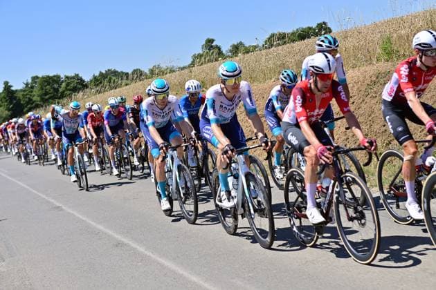The pack of riders pictured in action during stage eight of the 2025 Tour de France cycling, from Saint-Meen-le-Grand to Laval Espace Mayenne (174 km), on Saturday 12 July 2025 in France. The 112th edition of the Tour de France starts on Saturday 5 July in Lille, France, and will finish in Paris, France on the 27th of July. POOLxxPOOLxPETExGODING  x128966321x