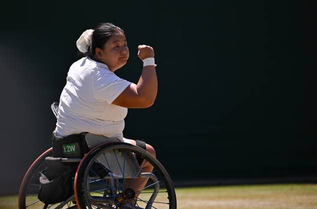 (250712) -- LONDON, July 12, 2025 -- Wang Ziying celebrates during the women s wheelchair singles final between Wang Ziying of China and Kamiji Yui of Japan at the Wimbledon Tennis Championships in London, Britain, July 12, 2025. ) (SP)BRITAIN-LONDON-WHEELCHAIR TENNIS-WIMBLEDON-WOMEN S SINGLES-FINAL LixYing 