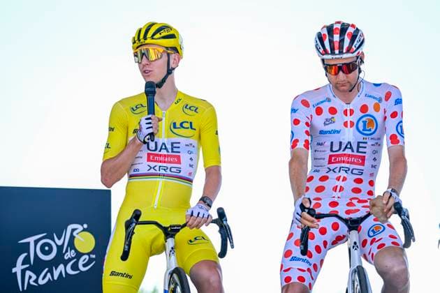 Tour de France 2025 Stage 8 LAVAL ESPACE MAYENNE, FRANCE - JULY 12 : Pogacar Tadej (SLO) of UAE Team Emirates - XRG, Wellens Tim (BEL) of UAE Team Emirates - XRG on stage before the start of the race during stage 8 of the 112th edition of Tour de France an UCI World Tour 2.UWT cycling road race stage for Men Elite of 174 km with start in Saint-Meen-le-Grand and finish in Laval Espace Mayenne on July 12, 2025 in Laval Espace Mayenne, France, 12 07 2025 ( Motordriver Kenny Verfaillie - Laval Espace Mayenne France  Copyright: xJanxDexMeuleneirx