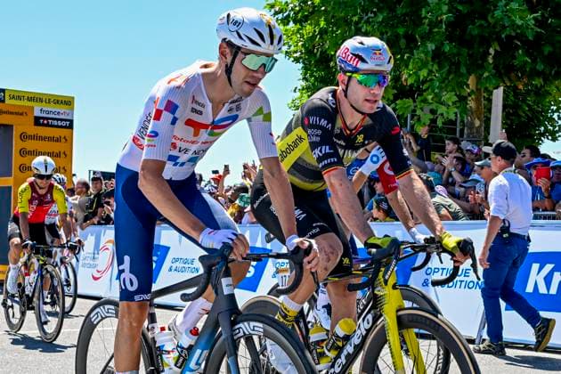 Tour de France 2025 Stage 8 LAVAL ESPACE MAYENNE, FRANCE - JULY 12 : Cras Steff (FRA) of TotalEnergies, Van Aert Wout (BEL) of Team Visma - Lease a Bike at the start of the race during stage 8 of the 112th edition of Tour de France an UCI World Tour 2.UWT cycling road race stage for Men Elite of 174 km with start in Saint-Meen-le-Grand and finish in Laval Espace Mayenne on July 12, 2025 in Laval Espace Mayenne, France, 12 07 2025 ( Motordriver Kenny Verfaillie - Laval Espace Mayenne France  Copyright: xJanxDexMeuleneirx