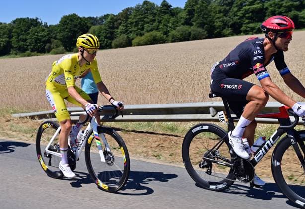 Slovenian Tadej Pogacar of UAE Team Emirates pictured in action during stage eight of the 2025 Tour de France cycling, from Saint-Meen-le-Grand to Laval Espace Mayenne (174 km), on Saturday 12 July 2025 in France. The 112th edition of the Tour de France starts on Saturday 5 July in Lille, France, and will finish in Paris, France on the 27th of July. POOLxxPOOLxPETExGODING  x128967707x