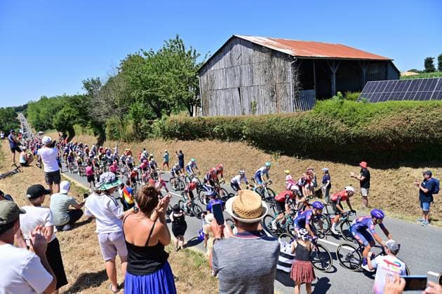 The pack of riders pictured in action during stage eight of the 2025 Tour de France cycling, from Saint-Meen-le-Grand to Laval Espace Mayenne (174 km), on Saturday 12 July 2025 in France. The 112th edition of the Tour de France starts on Saturday 5 July in Lille, France, and will finish in Paris, France on the 27th of July. POOLxxPOOLxPETExGODING  x128967947x