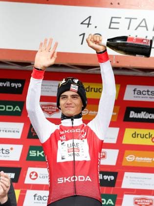 CYCLING - Tour of Austria 2025 KUEHTAI,AUSTRIA,12.JUL.25 - CYCLING - Tour of Austria, stage 3, Innsbruck - Kuehtai. Image shows the rejoicing of Isaac del Toro (MEX UAE TEAM EMIRATES XRG). keywords: award ceremony.  GEPAxpictures xMichaelxKristen