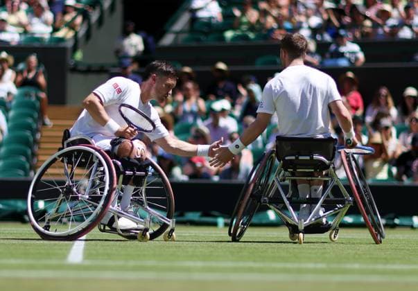 Wimbledon Championships 2025 AELTC, Day Thirteen, London, UK - 12 07 2025 Gordon Reid (GBR) partnered Alfie Hewett (GBR) in action during the Mens Wheelchair DoublesFinal against Martin De La Puente (ESP) and Ruben Spaargaren (NED) in the 2025 Wimbledon Championships London Wimbledon London GBR, UK NEWSPAPERS OUT Copyright: xMarkxGreenwoodx