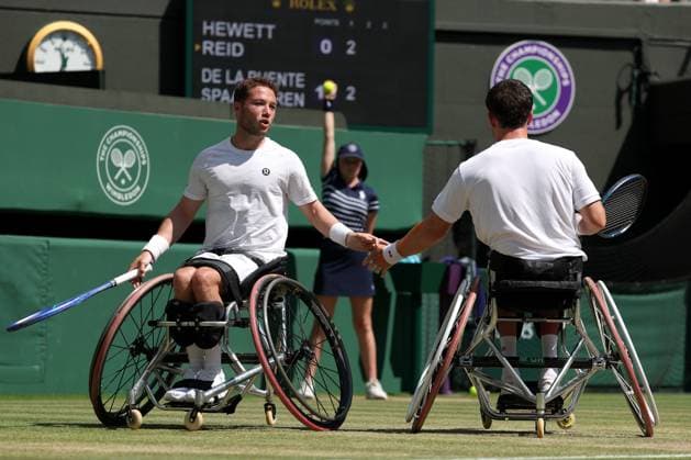 12th July 2025; All England Lawn Tennis and Croquet Club, London, England; Wimbledon Tennis Tournament, Day 13; Gordon Reid (GBR) with doubles partner Alfie Hewett (GBR) facing Martin De La Puente (ESP) and Ruben Spaargaren (NED) in the Gentlemen& x2019;s wheelchair Doubles Final at Number One Court  ActionPlus12812521 JohnxPatrickxFletcher