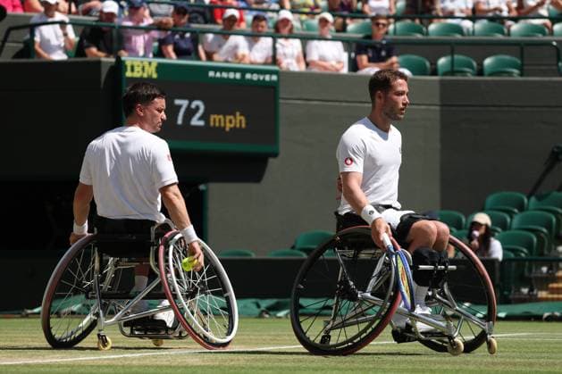 12th July 2025; All England Lawn Tennis and Croquet Club, London, England; Wimbledon Tennis Tournament, Day 13; Gordon Reid (GBR) with doubles partner Alfie Hewett (GBR) facing Martin De La Puente (ESP) and Ruben Spaargaren (NED) in the Gentlemen& x2019;s wheelchair Doubles Final at Number One Court  ActionPlus12812522 JohnxPatrickxFletcher
