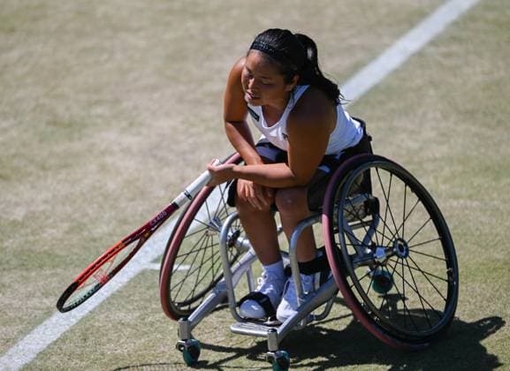 (250712) -- LONDON, July 12, 2025 -- Kamiji Yui reacts during the women s wheelchair singles final between Wang Ziying of China and Kamiji Yui of Japan at the Wimbledon Tennis Championships in London, Britain, July 12, 2025. Li Ying) (SP)BRITAIN-LONDON-WHEELCHAIR TENNIS-WIMBLEDON-WOMEN S SINGLES-FINAL HanxYan 