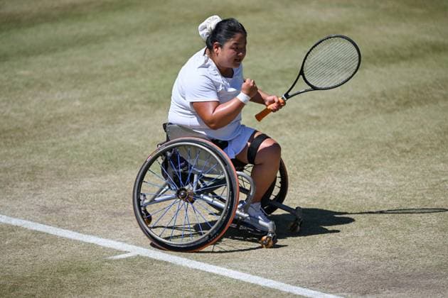 (250712) -- LONDON, July 12, 2025 -- Wang Ziying celebrates during the women s wheelchair singles final between Wang Ziying of China and Kamiji Yui of Japan at the Wimbledon Tennis Championships in London, Britain, July 12, 2025. Li Ying) (SP)BRITAIN-LONDON-WHEELCHAIR TENNIS-WIMBLEDON-WOMEN S SINGLES-FINAL HanxYan 