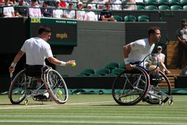 12th July 2025; All England Lawn Tennis and Croquet Club, London, England; Wimbledon Tennis Tournament, Day 13; Gordon Reid (GBR) with doubles partner Alfie Hewett (GBR) facing Martin De La Puente (ESP) and Ruben Spaargaren (NED) in the Gentlemen& x2019;s wheelchair Doubles Final at Number One Court  ActionPlus12812504 JohnxPatrickxFletcher