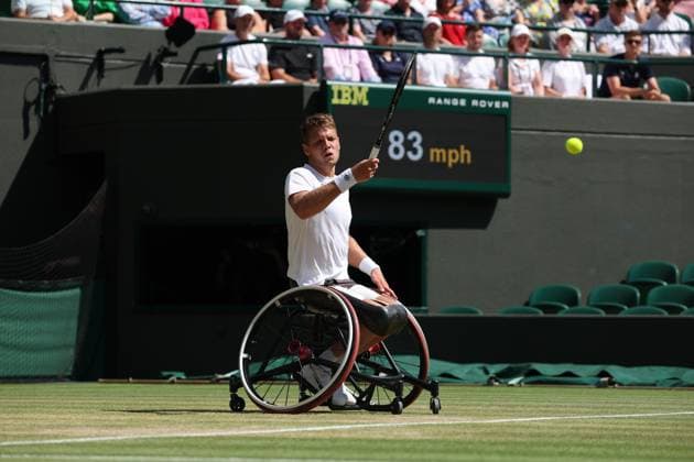 12th July 2025; All England Lawn Tennis and Croquet Club, London, England; Wimbledon Tennis Tournament, Day 13; Ruben Spaargaren (NED) with a forehand shot to Alfie Hewett (GBR) in their men s wheelchair doubles final  ActionPlus12812512 JohnxPatrickxFletcher