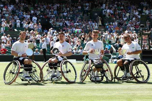 12th July 2025; All England Lawn Tennis and Croquet Club, London, England; Wimbledon Tennis Tournament, Day 13; Martin De La Puente (ESP) and Ruben Spaargaren (NED) pose with the Gentlemen& x2019;s Wheelchair trophy after defeating Alfie Hewett (GBR) and Gordon Reid (GBR) at Court Number One  ActionPlus12812529 JohnxPatrickxFletcher