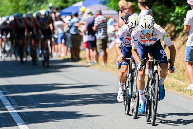 Tour de France 2025 Stage 8 LAVAL ESPACE MAYENNE, FRANCE - JULY 12 : Burgaudeau Mathieu (FRA) of TotalEnergies, Vercher Matteo (FRA) of Team TotalEnergies attacking during stage 8 of the 112th edition of Tour de France an UCI World Tour 2.UWT cycling road race stage for Men Elite of 174 km with start in Saint-Meen-le-Grand and finish in Laval Espace Mayenne on July 12, 2025 in Laval Espace Mayenne, France, 12 07 2025 ( Motordriver Kenny Verfaillie - Laval Espace Mayenne France  Copyright: xPetexGodingx