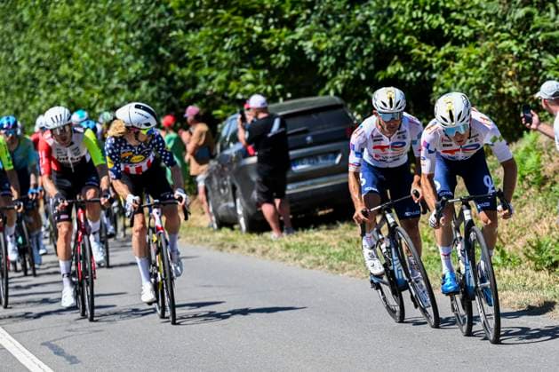 Tour de France 2025 Stage 8 LAVAL ESPACE MAYENNE, FRANCE - JULY 12 : Burgaudeau Mathieu (FRA) of TotalEnergies, Vercher Matteo (FRA) of Team TotalEnergies attacking during stage 8 of the 112th edition of Tour de France an UCI World Tour 2.UWT cycling road race stage for Men Elite of 174 km with start in Saint-Meen-le-Grand and finish in Laval Espace Mayenne on July 12, 2025 in Laval Espace Mayenne, France, 12 07 2025 ( Motordriver Kenny Verfaillie - Laval Espace Mayenne France  Copyright: xPetexGodingx