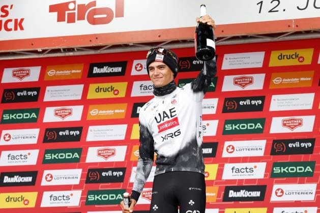 CYCLING - Tour of Austria 2025 KUEHTAI,AUSTRIA,12.JUL.25 - CYCLING - Tour of Austria, stage 3, Innsbruck - Kuehtai. Image shows the rejoicing of Isaac del Toro (MEX UAE TEAM EMIRATES XRG). keywords: award ceremony.  GEPAxpictures xMichaelxKristen