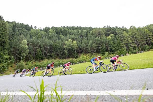 12 07 2025, Kühtai, AUT, Tour of Austria 2025, stage 4 from Innsbruck to Kühtai 117,1 km , in the picture Jhoan Esteban Chaves Rubio COL, EF EDUCATION EASYPOST , Patrick Konrad AUT, LIDL TREK , Archie Ryan IRL, EF EDUCATION EASYPOST near Unterperfuss Jhoan Esteban Chaves Rubio COL, EF EDUCATION EASYPOST , Patrick Konrad AUT, LIDL TREK , Archie Ryan IRL, EF EDUCATION EASYPOST at Unterperfuss during the stage 4 from Innsbruck to Kühtai 117,1 km of the Tour of Austria Kühtai, Austria on 2025 07 12 Expa Kühtai  EP_gro