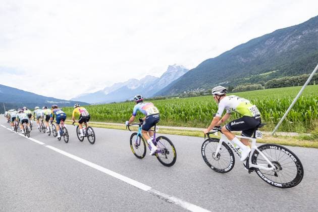 12 07 2025, Kühtai, AUT, Tour of Austria 2025, Stage 4 from Innsbruck to Kühtai 117,1 km , in the picture Patryk Stosz POL, VOSTER ATS TEAM , Kevin Inkelaar NED, UNIBET TIETEMA ROCKETS , Pirmin Benz GER, TEAM VORARLBERG , Martin Pedersen DEN, LIDL TREK near Kematen Patryk Stosz POL, VOSTER ATS TEAM , Kevin Inkelaar NED, UNIBET TIETEMA ROCKETS , Pirmin Benz GER, TEAM VORARLBERG , Martin Pedersen DEN, LIDL TREK bei Kematen during the stage 4 from Innsbruck to Kühtai 117,1 km of the Tour of Austria Kühtai, Austria on 2025 07 12 Expa Kühtai  EP_gro