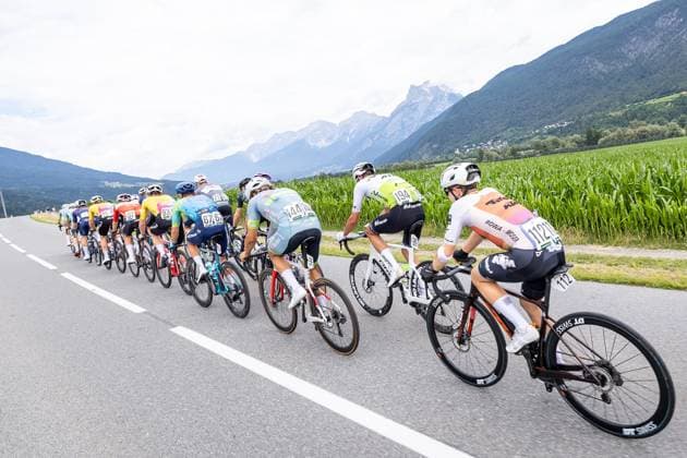 12 07 2025, Kühtai, AUT, Tour of Austria 2025, Stage 4 from Innsbruck to Kühtai 117.1 km , pictured Nicolas Ginter SUI, TIROL KTM CYCLING TEAM , Tobias Nolde GER, BENOTTI BERTHOLD , Mateusz Kostanski POL, VOSTER ATS TEAM , Daniil Marukhin KAZ, XDS ASTANA TEAM near Kematen Nicolas Ginter SUI, TIROL KTM CYCLING TEAM , Tobias Nolde GER, BENOTTI BERTHOLD , Mateusz Kostanski POL, VOSTER ATS TEAM , Daniil Marukhin KAZ, XDS ASTANA TEAM bei Kematen during the stage 4 from Innsbruck to Kühtai 117,1 km of the Tour of Austria Kühtai, Austria on 2025 07 12 Expa Kühtai  EP_gro