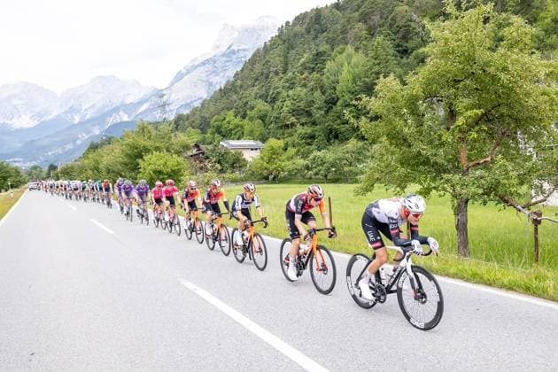 12 07 2025, Kühtai, AUT, Tour of Austria 2025, Stage 4 from Innsbruck to Kühtai 117,1 km , in the picture Peleton, Julius Johansen DEN, UAE TEAM EMIRATES XRG near Pettnau Peleton, Julius Johansen DEN, UAE TEAM EMIRATES XRG near Pettnau during the stage 4 from Innsbruck to Kühtai 117,1 km of the Tour of Austria Kühtai, Austria on 2025 07 12 Expa Kühtai  EP_gro