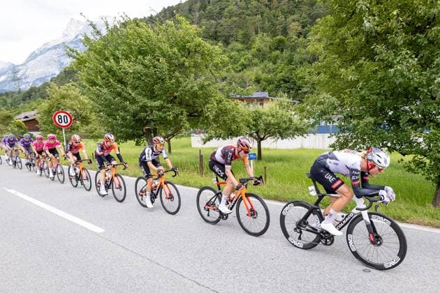 12 07 2025, Kühtai, AUT, Tour of Austria 2025, Stage 4 from Innsbruck to Kühtai 117,1 km , in the picture Peleton, Julius Johansen DEN, UAE TEAM EMIRATES XRG near Pettnau Peleton, Julius Johansen DEN, UAE TEAM EMIRATES XRG near Pettnau during the stage 4 from Innsbruck to Kühtai 117,1 km of the Tour of Austria Kühtai, Austria on 2025 07 12 Expa Kühtai  EP_gro