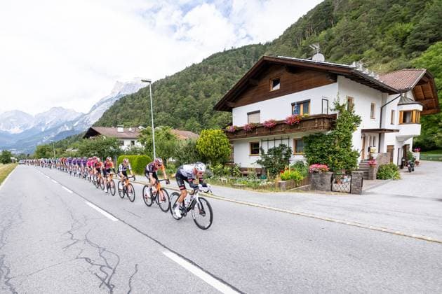 12 07 2025, Kühtai, AUT, Tour of Austria 2025, Stage 4 from Innsbruck to Kühtai 117,1 km , in the picture Peleton, Julius Johansen DEN, UAE TEAM EMIRATES XRG near Pettnau Peleton, Julius Johansen DEN, UAE TEAM EMIRATES XRG near Pettnau during the stage 4 from Innsbruck to Kühtai 117,1 km of the Tour of Austria Kühtai, Austria on 2025 07 12 Expa Kühtai  EP_gro