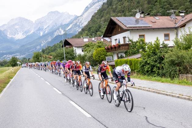 12 07 2025, Kühtai, AUT, Tour of Austria 2025, Stage 4 from Innsbruck to Kühtai 117,1 km , in the picture Peleton, Julius Johansen DEN, UAE TEAM EMIRATES XRG near Pettnau Peleton, Julius Johansen DEN, UAE TEAM EMIRATES XRG near Pettnau during the stage 4 from Innsbruck to Kühtai 117,1 km of the Tour of Austria Kühtai, Austria on 2025 07 12 Expa Kühtai  EP_gro