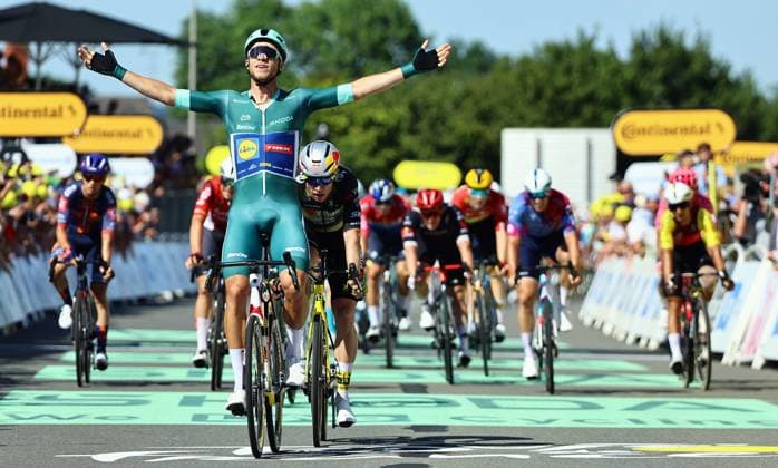 Italian Jonathan Milan of Lidl-Trek celebrates after winning stage eight of the 2025 Tour de France cycling, from Saint-Meen-le-Grand to Laval Espace Mayenne (174 km), on Saturday 12 July 2025 in France. The 112th edition of the Tour de France starts on Saturday 5 July in Lille, France, and will finish in Paris, France on the 27th of July. DAVIDxPINTENS  x128982487x
