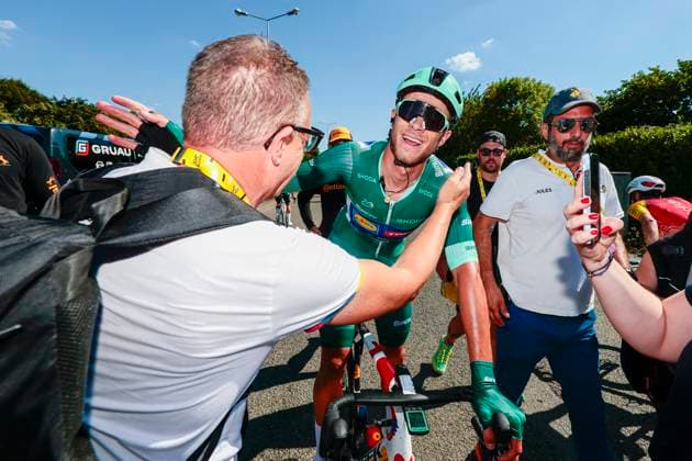 Tour de France 2025 Stage 8 LAVAL ESPACE MAYENNE, FRANCE - JULY 12 : Milan Jonathan (BEL) of Lidl - Trek celebrating his victory during stage 8 of the 112th edition of Tour de France an UCI World Tour 2.UWT cycling road race stage for Men Elite of 174 km with start in Saint-Meen-le-Grand and finish in Laval Espace Mayenne on July 12, 2025 in Laval Espace Mayenne, France, 12 07 2025 ( Motordriver Kenny Verfaillie - Laval Espace Mayenne France  Copyright: xLucaxBettinix