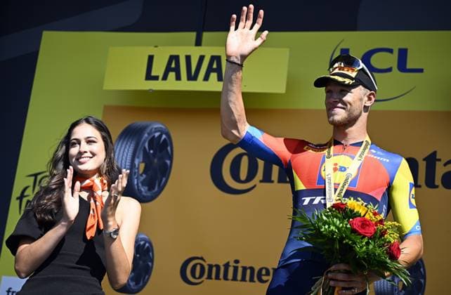 Italian Jonathan Milan of Lidl-Trek celebrates on the podium after winning stage eight of the 2025 Tour de France cycling, from Saint-Meen-le-Grand to Laval Espace Mayenne (174 km), on Saturday 12 July 2025 in France. The 112th edition of the Tour de France starts on Saturday 5 July in Lille, France, and will finish in Paris, France on the 27th of July. JASPERxJACOBS  x128983585x