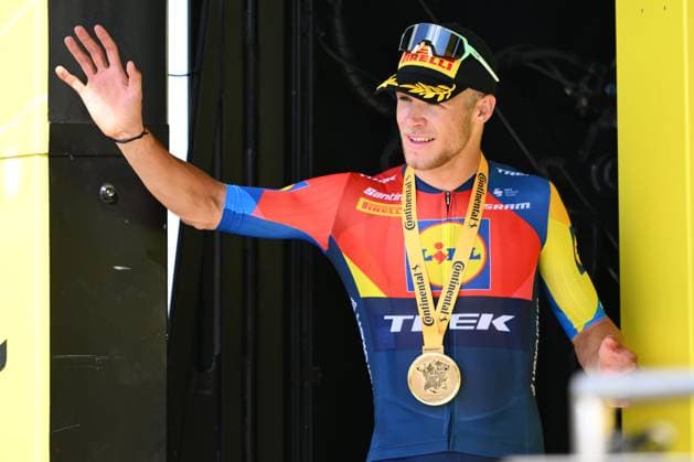 Tour de France 2025 Stage 8 LAVAL ESPACE MAYENNE, FRANCE - JULY 12 : Milan Jonathan (BEL) of Lidl - Trek on the podium during stage 8 of the 112th edition of Tour de France an UCI World Tour 2.UWT cycling road race stage for Men Elite of 174 km with start in Saint-Meen-le-Grand and finish in Laval Espace Mayenne on July 12, 2025 in Laval Espace Mayenne, France, 12 07 2025 ( Motordriver Kenny Verfaillie - Laval Espace Mayenne France  Copyright: xVincentxKalutx