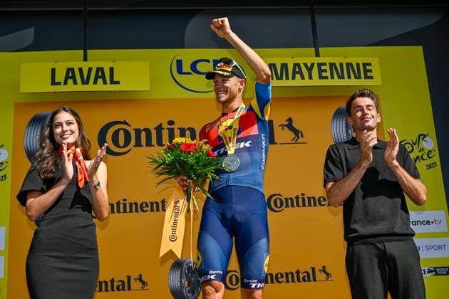 Tour de France 2025 Stage 8 LAVAL ESPACE MAYENNE, FRANCE - JULY 12 : Milan Jonathan (BEL) of Lidl - Trek on the podium during stage 8 of the 112th edition of Tour de France an UCI World Tour 2.UWT cycling road race stage for Men Elite of 174 km with start in Saint-Meen-le-Grand and finish in Laval Espace Mayenne on July 12, 2025 in Laval Espace Mayenne, France, 12 07 2025 ( Motordriver Kenny Verfaillie - Laval Espace Mayenne France  Copyright: xJanxDexMeuleneirx