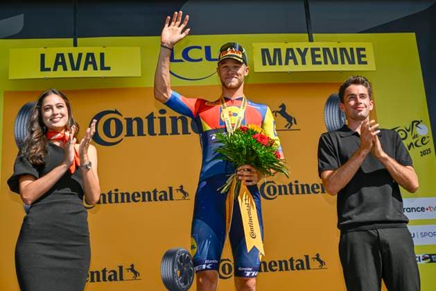 Tour de France 2025 Stage 8 LAVAL ESPACE MAYENNE, FRANCE - JULY 12 : Milan Jonathan (BEL) of Lidl - Trek on the podium during stage 8 of the 112th edition of Tour de France an UCI World Tour 2.UWT cycling road race stage for Men Elite of 174 km with start in Saint-Meen-le-Grand and finish in Laval Espace Mayenne on July 12, 2025 in Laval Espace Mayenne, France, 12 07 2025 ( Motordriver Kenny Verfaillie - Laval Espace Mayenne France  Copyright: xJanxDexMeuleneirx