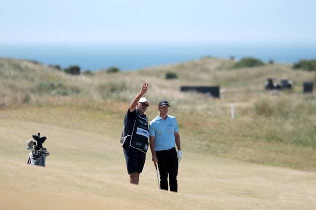 UK: The Genesis Scottish Open at The Renaissance Club, North Berwick, Scotland on 12 July 2025: Pictured: Justin Rose (England) and his caddie Mark Fulcher on the 13th fairway during the third round of the Genesis Scottish Open 2025 at The Renaissance Club, North Berwick, Scotland North Berwick The Renaissance Club Scotland Copyright: xAlexxToddx