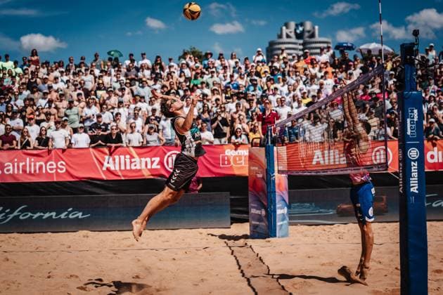 Beach volleyball men Allianz German Beach Tour 2025 Tourstop Munich 12 07 2025 Lui Wüst at the attack Munich Central University Sports Munich Bavaria Germany