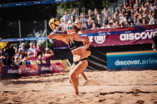 Beach volleyball women Allianz German Beach Tour 2025 Tourstop Munich 12 07 2025 Tabea Schwarz plays the ball Munich Central University Sports Munich Bavaria Germany