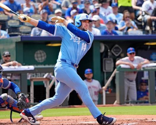 July 12, 2025: Kansas City Royals outfielder Jac Caglianone (14) drives the ball to the wall against the Mets at Kauffman Stadium Kansas City, Missouri. CSM. Kansas City United States - ZUMAc04_ 20250712_zma_c04_107 Copyright: xJonxRobichaudx
