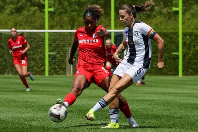 12 07 2025, xgrfx, Soccer Test Match , FC Zurich Women SC Freiburg Women v l Aurelie Csillag SC Freiburg , Naomi Megroz FC Zurich DFL DFB REGULATIONS PROHIBIT ANY USE OF PHOTOGRAPHS as IMAGE SEQUENCES and or QUASI VIDEO Zurich