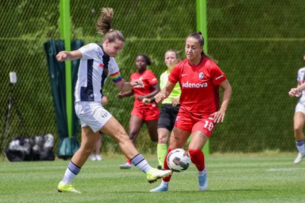 12 07 2025, xgrfx, Soccer Test Match , FC Zurich Women SC Freiburg Women v l Naomi Megroz FC Zurich , Selina Vobian SC Freiburg DFL DFB REGULATIONS PROHIBIT ANY USE OF PHOTOGRAPHS as IMAGE SEQUENCES and or QUASI VIDEO Zurich