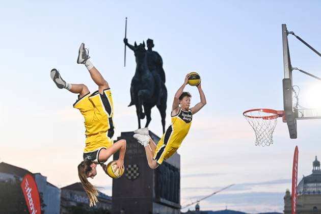 Performance by the Dunking Devils acrobatic group as part of the 3X3 PRO Basketball Tournament in Zagreb Performance by the Dunking Devils acrobatic group as part of the 3X3 PRO Basketball Tournament at King Tomislav Square, in Zagreb, Croatia on July 12, 2025.  IgorxSoban PIXSELL