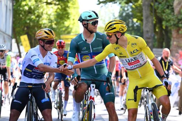 Tour de France 2025 Stage 9 CHATEAUROUX, FRANCE - JULY 13 : Evenepoel Remco (BEL) of Soudal Quick-Step, Pogacar Tadej (SLO) of UAE Team Emirates, Milan Jonathan (ITA) of Lidl - Trek during stage 9 of the 112th edition of Tour de France an UCI World Tour 2.UWT cycling road race stage for Men Elite of 170 km with start in Chinon and finish in Chateauroux on July 13, 2025 in Chateauroux, France, 13 07 2025 ( Motordriver Kenny Verfaillie - Chateauroux France  Copyright: xVincentxKalutx