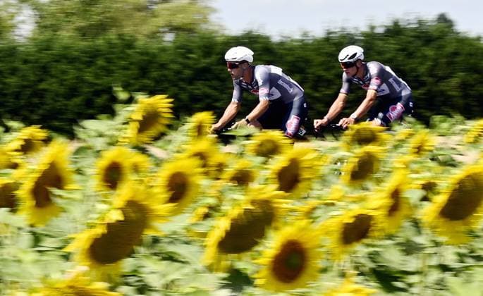 Belgian Jonas Rickaert of Alpecin-Deceuninck and Dutch Mathieu van der Poel of Alpecin-Deceuninck pictured in action during stage nine of the 2025 Tour de France cycling, from Chinon to Chateauroux (170 km), on Sunday 13 July 2025 in France. The 112th edition of the Tour de France starts on Saturday 5 July in Lille, France, and will finish in Paris, France on the 27th of July. JASPERxJACOBS  x129070445x
