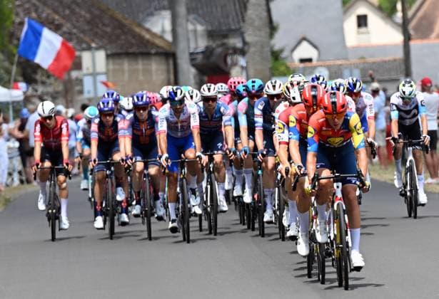 the pack of the riders pictured in action during stage nine of the 2025 Tour de France cycling, from Chinon to Chateauroux (170 km), on Sunday 13 July 2025 in France. The 112th edition of the Tour de France starts on Saturday 5 July in Lille, France, and will finish in Paris, France on the 27th of July. POOLxxPOOLxPETExGODING  x129071000x