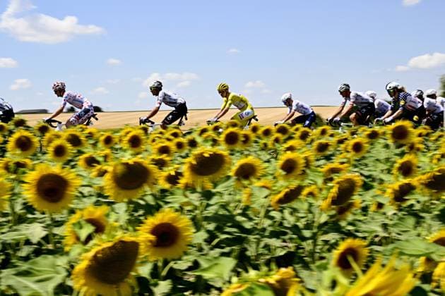 Slovenian Tadej Pogacar of UAE Team Emirates the pack of the riders pictured in action during stage nine of the 2025 Tour de France cycling, from Chinon to Chateauroux (170 km), on Sunday 13 July 2025 in France. The 112th edition of the Tour de France starts on Saturday 5 July in Lille, France, and will finish in Paris, France on the 27th of July. JASPERxJACOBS  x129071378x